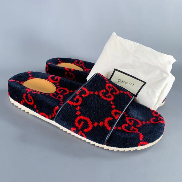 GUCCI Size 10.5 Black Red Guccissima Monogram Velvet Slip On Sandals - Picture 9 of 9